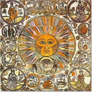 SUN AND MOON ,ZODIACAL SIGNS, ANTIQUE RUSSIAN ASTROLOGY  WOODCUT Posters and Art